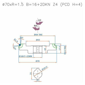 DGB PCD Frez nas.profil. D=70 I=14,5 B=16+2CH Z=4 H4 R1,5 LH SCM STEFANI
